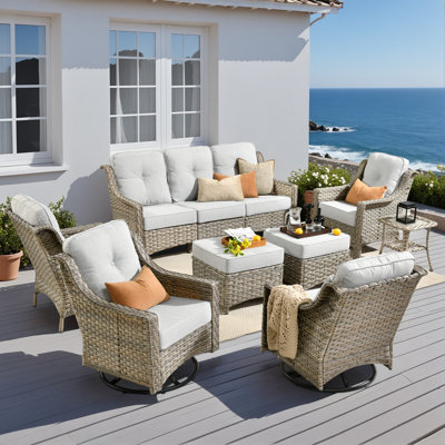 Ensemble de mobilier d'extérieur en osier pour 7 personnes avec chaises berçantes pivotantes et coussins, ensemble de canapé en rotin toutes saisons pour la cour, le porche et le jardin