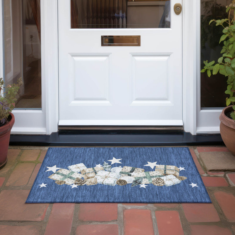 Tapis bleu marine lavable à la machine intérieur / extérieur Xhevrie, Rectangle 1 pi 8 po x 2 pi 6 po