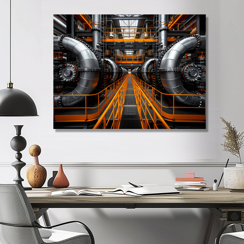 Monochromes jaunes et gris, canalisation industrielle V - usines, art mural, Cadre photo noir, H 16 po x l 32 po