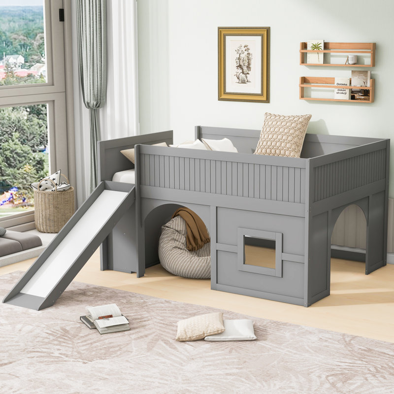 Full Size Wooden Low Loft Bed with Storage Shelves and Slide,Door and Window Design,Gray, Gray
