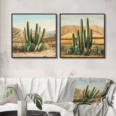 Cactus et le désert - Cactus floral - art mural traditionnel 2 pièces