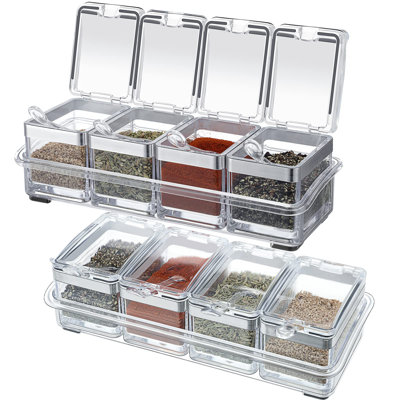 Acrylic Seasoning Organizer Box,2 Set/8 Seasoning Rack Spice Pot Condiment Container with Lid and Spoon Storage Container Spice Jar,(Clear)