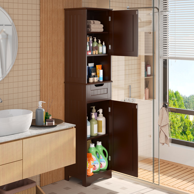 Zoe-Leigh 67" H Freestanding Tall Bathroom Storage Cabinet with Adjustable Shelves and Magnetic Door, Dark Brown