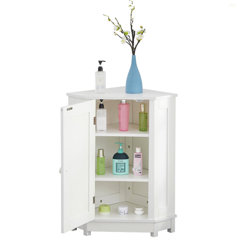 Bathroom Cabinet Triangle Corner Storage Cabinet With Adjustable Shelf Modern Style MDF Board, White
