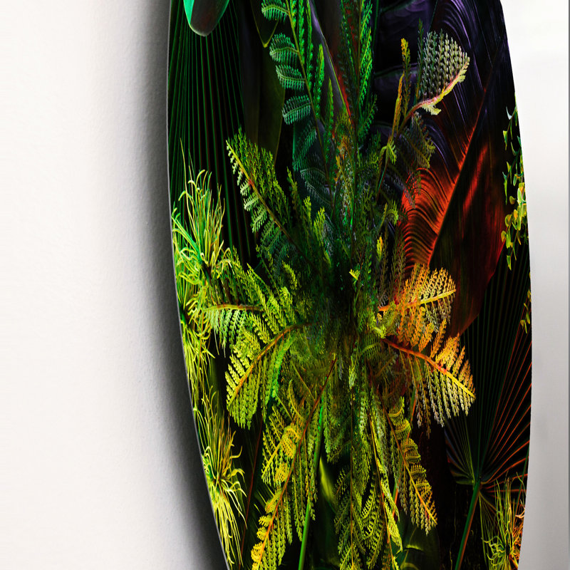 Feuilles tropicales ton sur ton noir - Art mural cercle tropical en métal, H 23 po x l 23 po