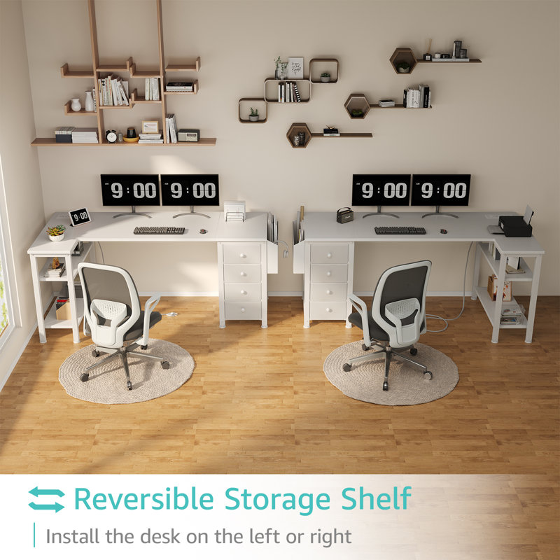Cheshire Built-in Outlets L-Shaped Computer Desk with Drawers & Storage Shelves, White, 29.5"  H x 55.1" W x 26.8" D