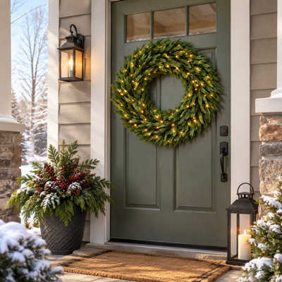 Couronne de Noël en épicéa norvégien pré-illuminée de 91 cm (36 pouces) avec 100 lumières DEL blanc chaud - Décoration de porte d'entrée pour les fêtes