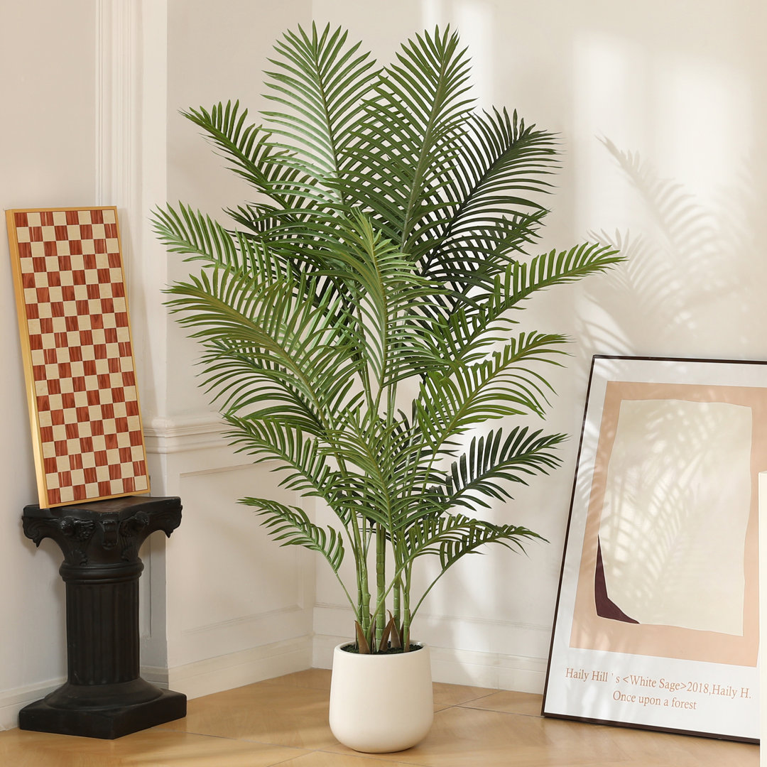 Adcock Faux Palm Plants with Round White Planter, Pre Potted Fake Greenry Palm Tree for Home Decor Primrue 