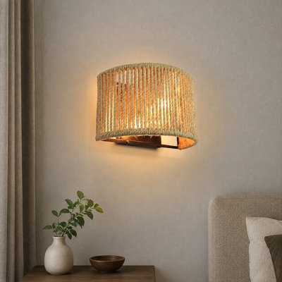 9.7-Inch-Diameter Semi-Circular Boho Rattan Wall Sconce with E12 Base and ETL Listing, Coastal Woven Light for Bedroom, Hallway and Entryway