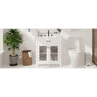 Armoire de salle de bain moderne de 31 po avec rangement spacieux, portes en verre à rayures verticales et charnières à fermeture en douceur pour une utilisation facile. 31 po.