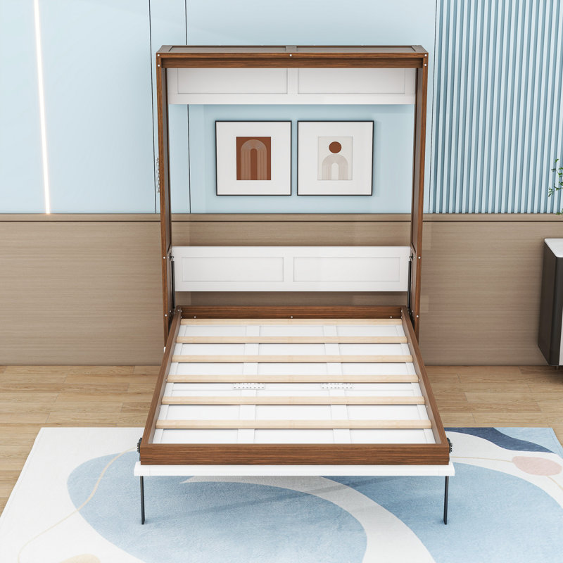 Full Wood Murphy Bed with Foldable Desk, Walnut/White