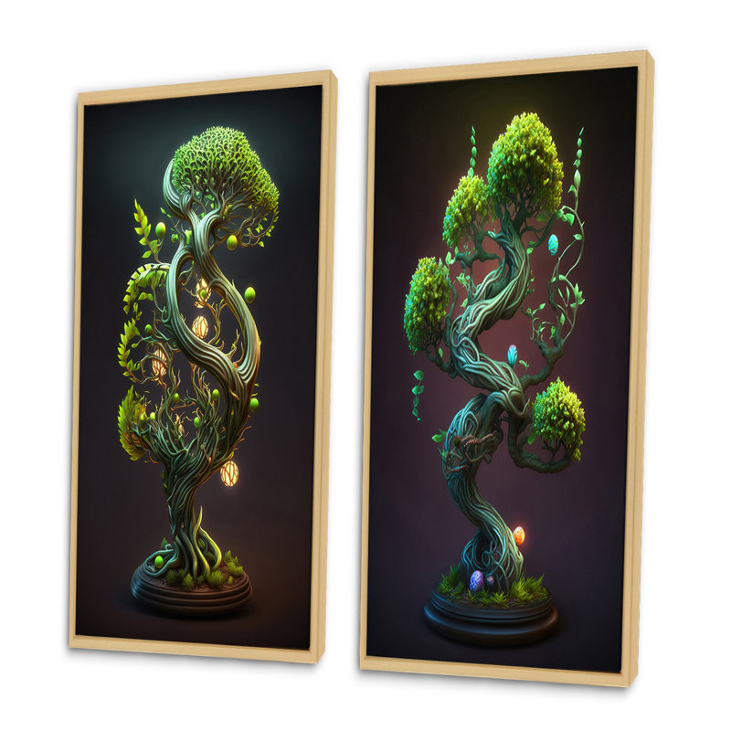 «Neon Bonsai Swirl Tree II», 2 pièces, Encadrement brun, H 40 po x l 40 po
