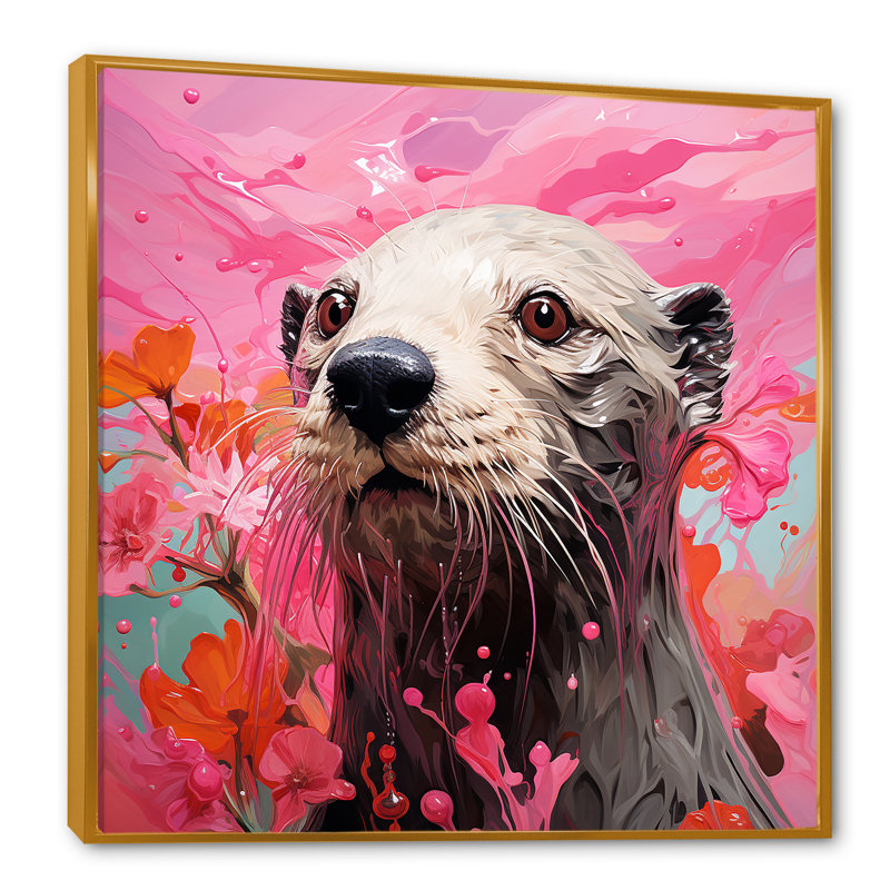 Artistique, loutre rose aquatique, Cadre flottant doré, H 36 po x l 36 po