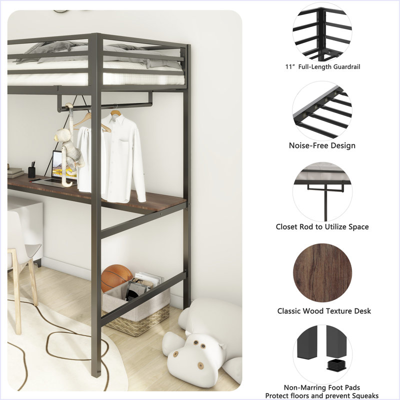 Twin Loft Bunk Black With Cinnamon Wood Desk And Closet Rod