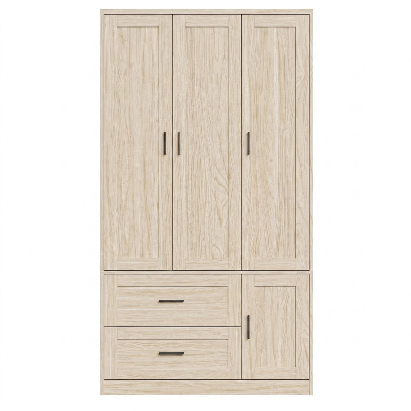 Armoire-penderie autoportante à 3 portes avec tablettes réglables et tiroirs de rangement, chêne clair