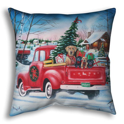 Throw Pillow, Holiday Puppy Ride by Robert Andrea