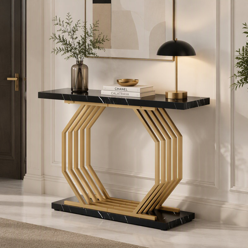 Console en faux marbre, canapé d'appoint 40 "avec base géométrique en métal, Noir