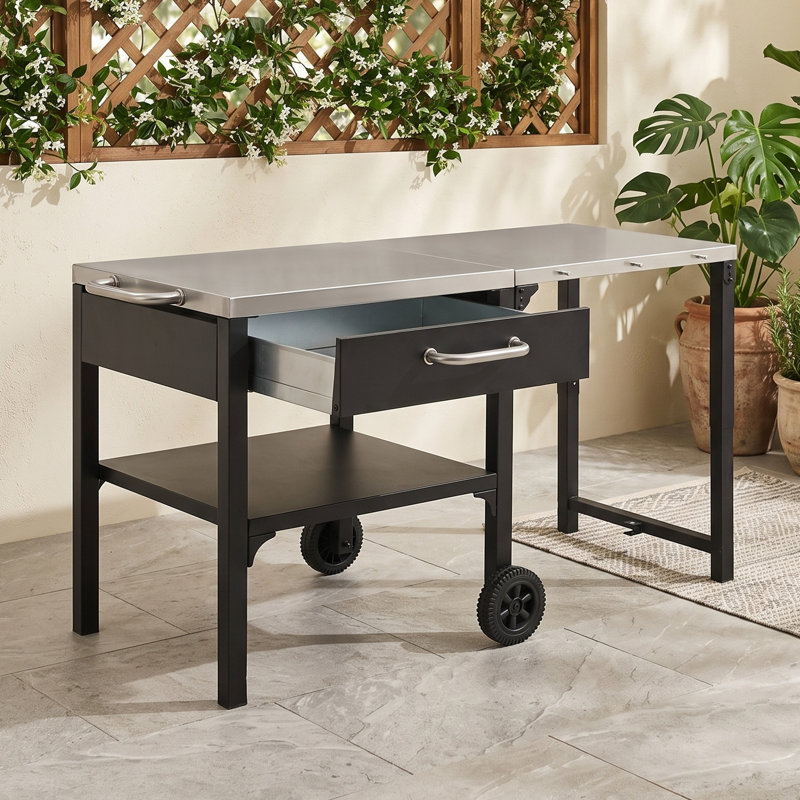 Chariot de cuisine pliable pour l'extérieur avec plateau en acier inoxydable, tiroir de rangement et tablette inférieure