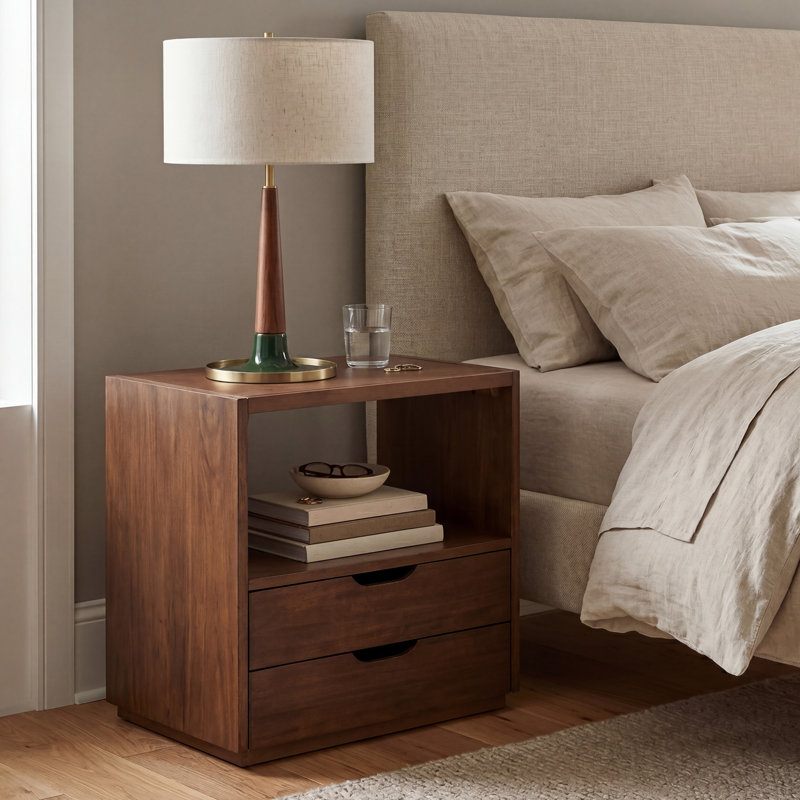 Leather Top Nightstand End Table with Two Drawers