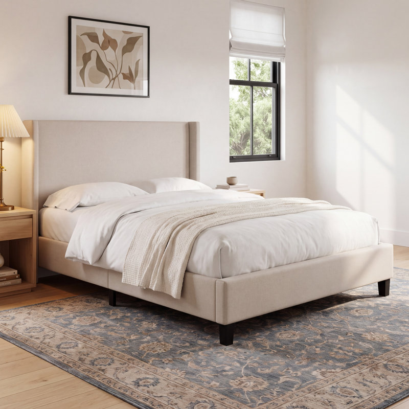 Hanson Upholstered Wingback Platform Bed, King, Classic Talc Linen