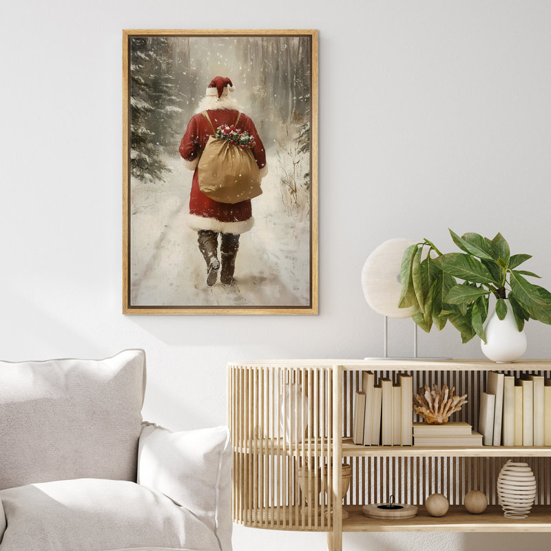 «Santa Claus Walking in Winter Road», impression sur toile, Cadre naturel flottant, H 24 po x l 16 po