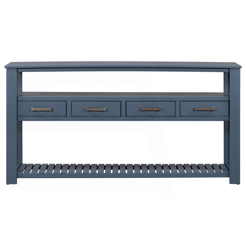 Console moderne, canapé avec 4 tiroirs et 2 tablettes, table de couloir, Marine