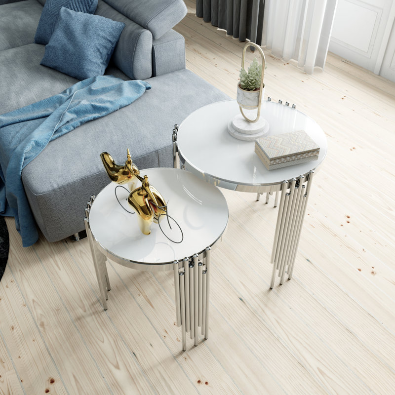 White Glass Nesting End Tables With Mirrored Silver Metal Legs Set Of 2
