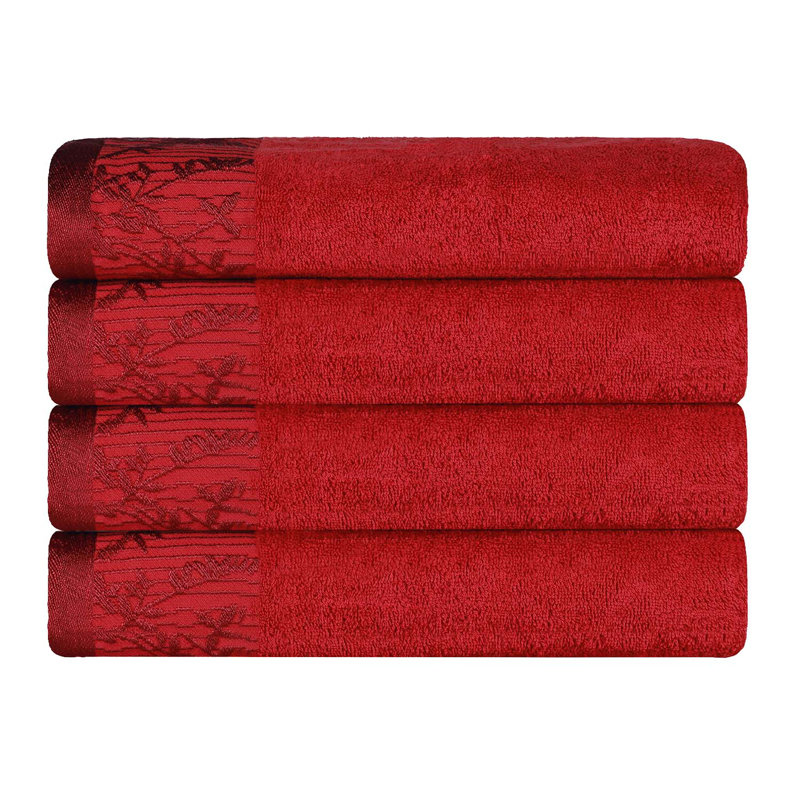 Ensemble de serviettes de bain en coton de poids moyen à bordure florale en jacquard pour la salle de bain Carinna, Grenat