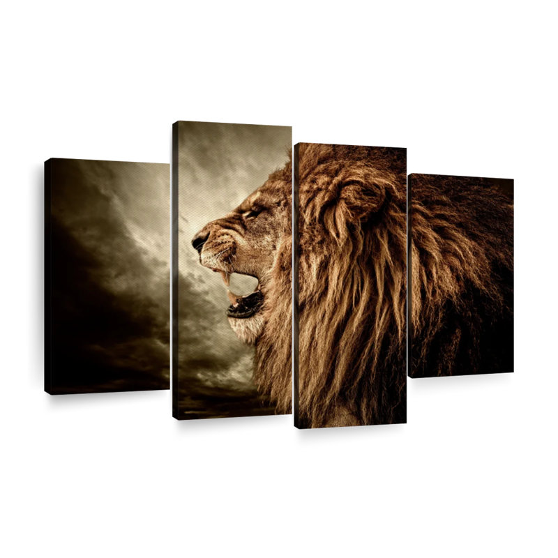 Fierce lion grognement sur toile 4 pièces, H 48 po x l 75 po x P 1,25 po