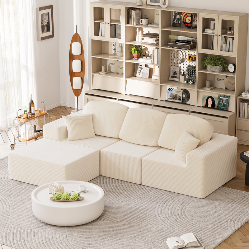 Canapé modulaire en forme de L, canapé modulaire à compression en nuage avec accoudoirs larges, beige, Velours côtelé beige