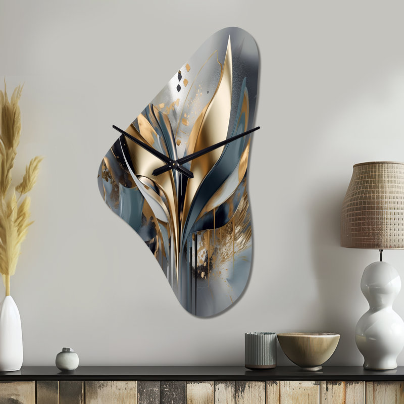 Abstract Shapes And Lines IV - Boomerang Shape Large Gold Wall Clock - Unique Shape, Medium