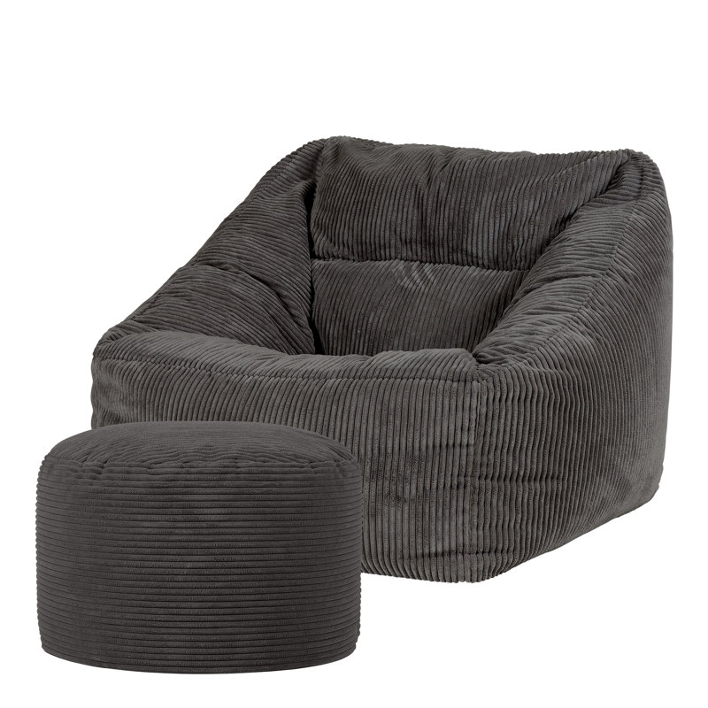 Bean Bag Bazaar Natalia Corduroy Armchair Bean Bag and Round Footstool, Charcoal Grey