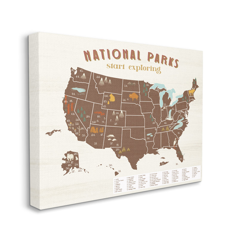 «Start Exploration National Parks Map United States XXL», art mural sur toile tendue par Daphne Polselli, H 30 po x l 40 po