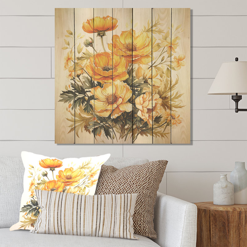Souci majestueux Bouquet II - souci sur impression sur bois, H 36 po x l 36 po