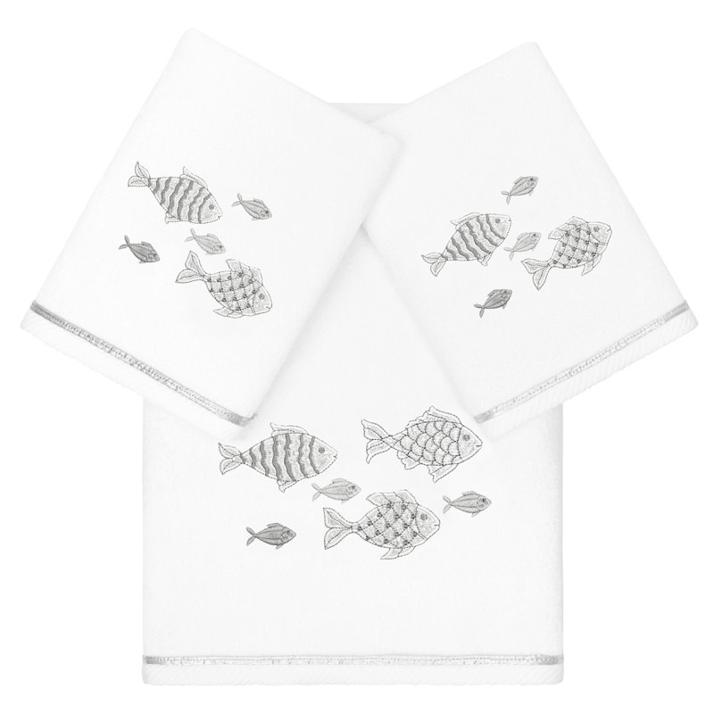 FIGI 3PC Embellished Towel Set 3 Piece Turkish Cotton Towel Set, White