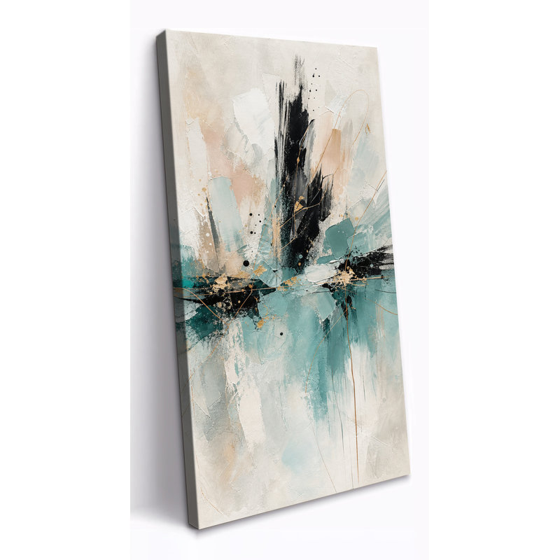 «Turquoise Expressive Brushwork», art mural sur toile abstraite, couches décoratives turquoise, noir et ivoire pour le salon, tendue avec châssis, prête à être suspendue, 24 po x 48 po