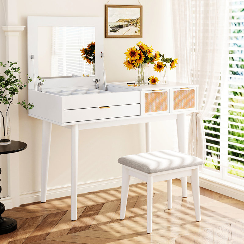 Classic Wood Makeup Vanity With Stool, 43.3", Flip-Top Mirror And Three Drawers For A Beautiful Delightful Experience Mirror, An Organized Graceful Beauty Area