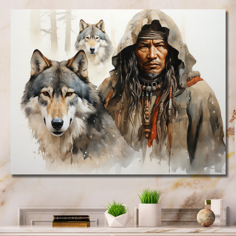 Native Art Spirits Of Wolf Framed On Canvas Print, H 24 po x l 32 po x P 1 po, Toile tendue