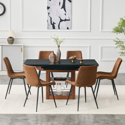 Ensemble de table de salle à manger extensible et de chaises, table coulissante de 59 à 71 pouces, jumelée à 6 chaises confortables en tissu brun avec coussins incurvés. Convient pour les salles à manger, les bureaux, etc.