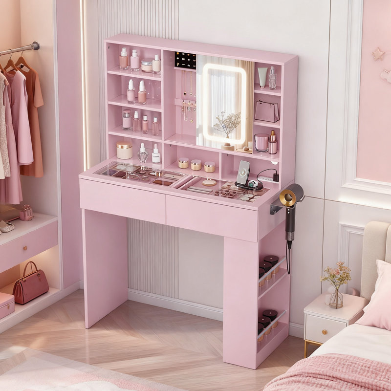 Lighted Vanity Table - 3-Color Dimmable Touch Mirror, Glass Top, 2 Drawers, Pink