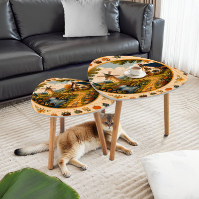 Triangle Nesting Coffee Table Set of 2 Charming Countryside Scene Windmill Cottage Autumn Decor End Table Modern Minimalist Side Table Set for Living Room Bedroom