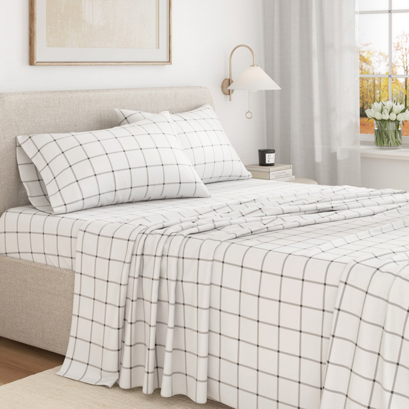 Ensemble de draps 100% flanelle de coton, Simple avec 1 taie d'oreiller, Carreau de fenêtre - blanc / gris