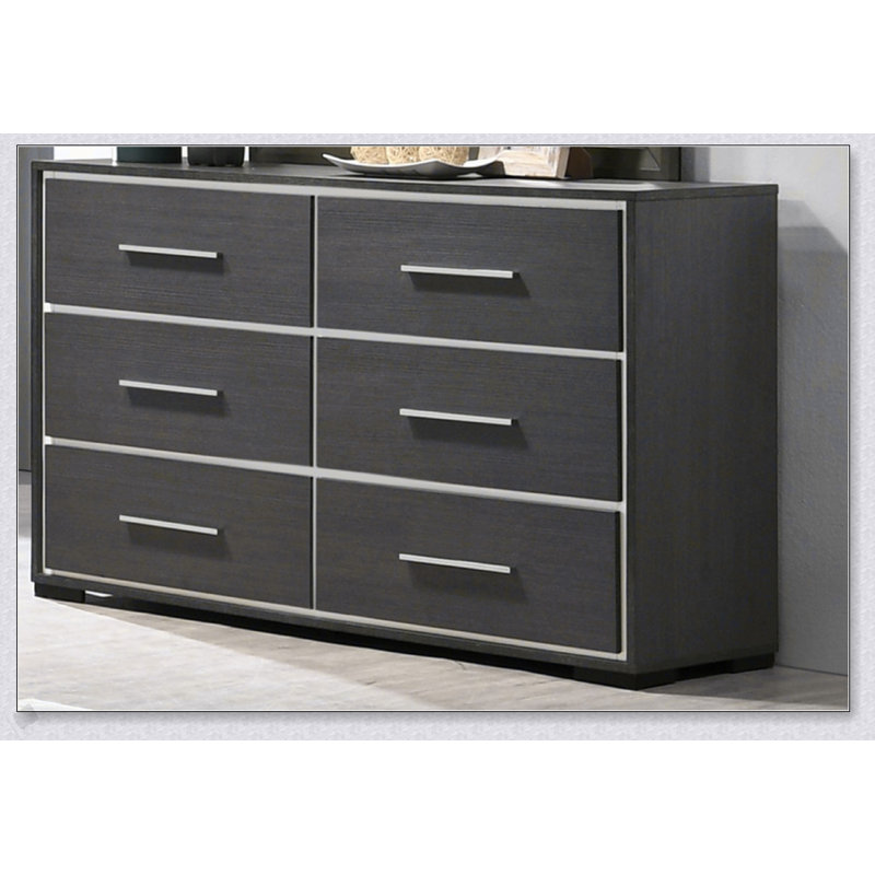 Commode contemporaine à 6 tiroirs avec accents chromés et finition rustique grise pour un rangement moderne dans la chambre à coucher