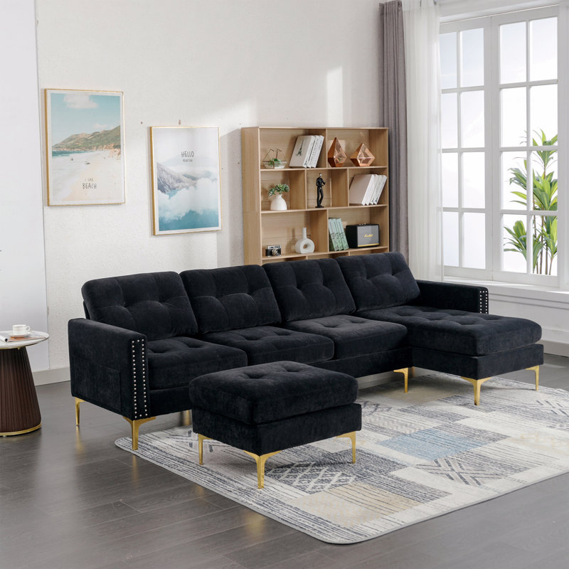 Canapé modulaire Basic, canapé convertible en forme de L de 110,6 po avec repose-pieds mobile