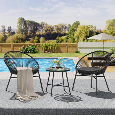 3 Piece Patio Bistro Set, Outdoor Acapulco Chairs Set of 2 with Glass Top Table, All Weather Modern Patio Chairs with Cushions, Patio Conversation Bistro Set for Deck, Backyard, Balcony, Porch