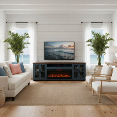 Meuble télé avec foyer en bois massif de 97 po Brixham pour téléviseur de 100 po ou moins, finition deux tons