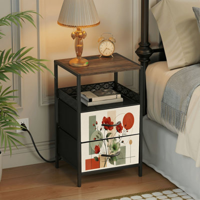 Table de chevet 2 tiroirs avec station de charge, table de chevet pour chambre à coucher avec ports USB, tablette ouverte noire, table de chevet avec imprimé géométrique abstrait floral rouge et vert