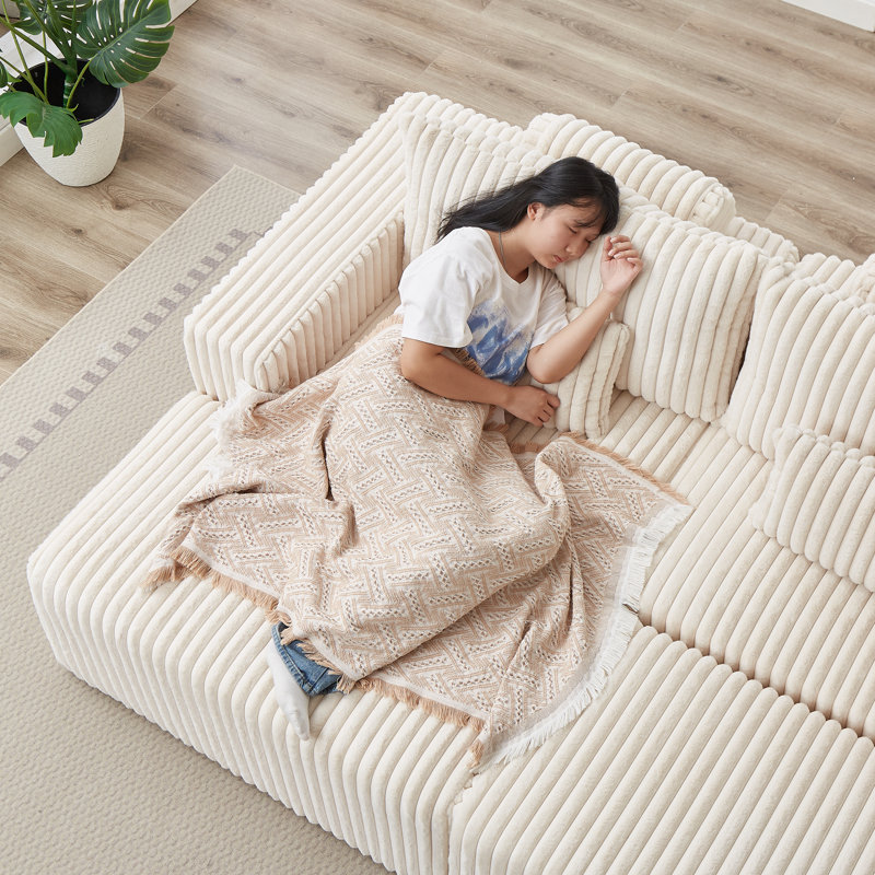 Oversized Cloud Plush Corduroy Chaise with 2 Footstools Fluffy Sleeper Loveseat for Living Room, Beige