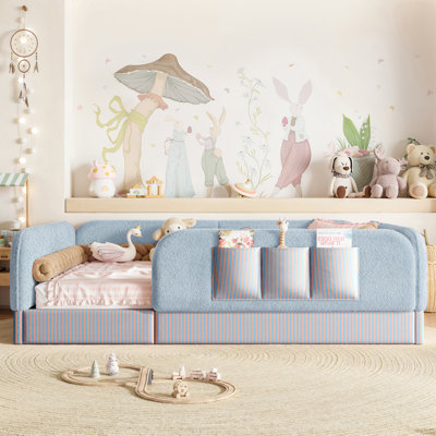 Full Size Kids Montessori Floor Bed, Soft Upholstered Toddler Bed with Safety Rails and Teddy Fleece Frame for Boys & Girls ,Blue