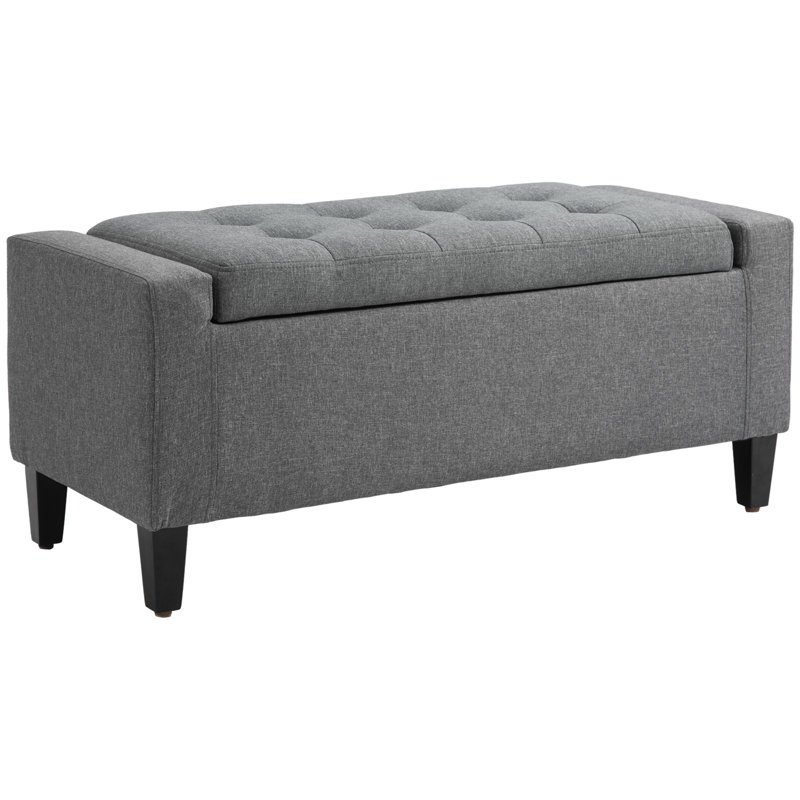 Repose-pieds avec rangement, banc de rangement rembourré en lin avec plateau relevable et capitonnage à boutons pour le salon, gris